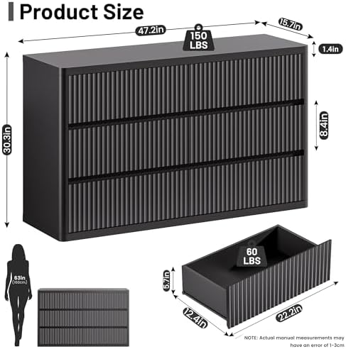 Standifurno Black 6 Drawers Double Dresser, Fluted Dresser for Bedroom, Modern Chest of Drawers with Handleless, Curved Profile Dressers TV Stand, Wood Storage Organizer for Living Room, Hallway