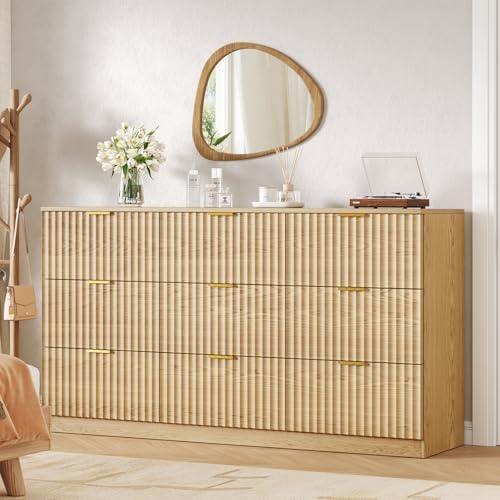 60.3" Wide Fluted 9 Drawer Dresser for Bedroom, Natural