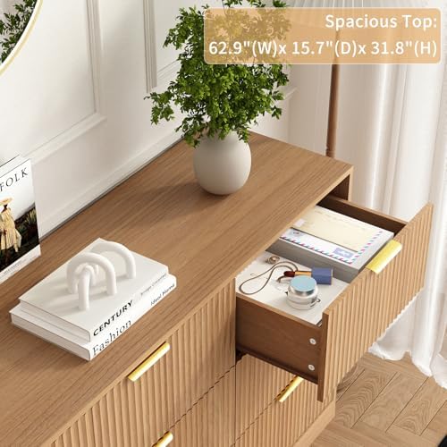 9 Drawer Fluted Dresser for Bedroom with Deep Drawers, Light Walnut丨63 Wide Wood Dresser, Large Chest of Drawers, Modern Long TV Stand, Storage Cabinet Side Table for Living Room, Hallway