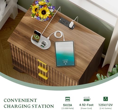 Xixini Fluted Nightstand with Charging Station, Tall Bedside Table, Walnut