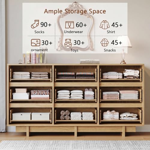 HOUROM Oak Dresser for Bedroom, 59in Modern 9 Drawer Chest of Drawers