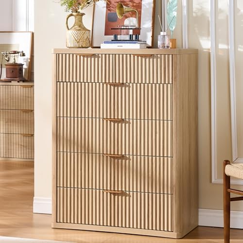 LEYAOYAO Farmhouse Fluted 6 Drawers Dresser for Bedroom, 42" Tall Modern Chest of Drawers with Curved Profile Design & Metal Handle,Natural Wood Drawer Organizer for Bedroom
