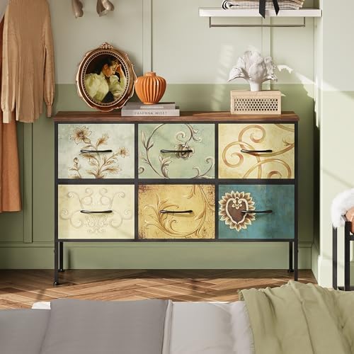 WLIVE Dresser for Bedroom with 6 Fabric Drawers, Floral Painted