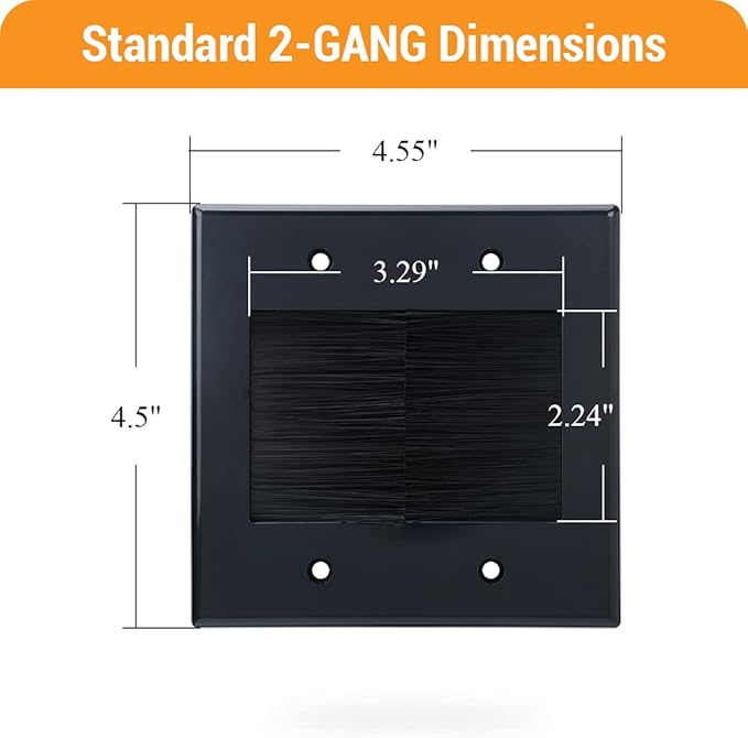 2 Gang Brush Wall Plate (Black, 4 Pack), Double Gang Cable Wall Plate for Power Cords, Low Voltage Cables and Wires in-Wall Hiding