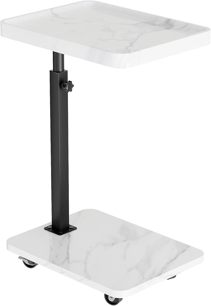 Adjustable Tv Trays for Eating on Couch That Slide Under,360° Swivel C Shaped End Sofa Side Snack Table with Wheels for Living Room and Bedroom, Bed,Chair, (White Marble+Black)