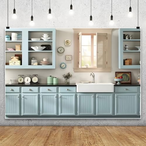 Laeacco 20x10ft Modern Kitchen Backdrop Kitchen Interior Light Blue Cabinet Tableware Photography Background Home Cuisine Cooking Baking Party Cake Table Decor Kids Adults Portrait Photo Booth Props - size: 20x10ft