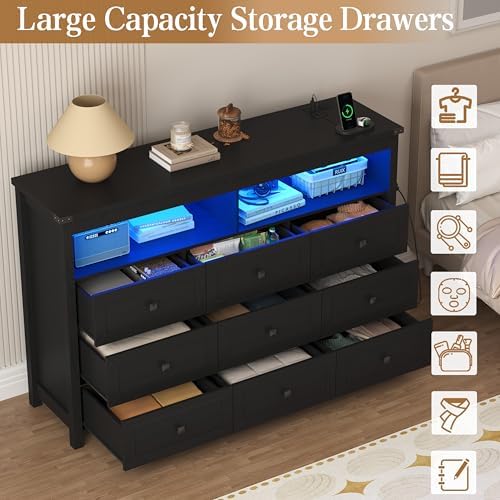 Wodeer 9 Drawer Dresser for Bedroom with LED Lights, Charging Station, Wood Chest of Drawers with Metal Handles, Modern TV Stand & Storage Organizer for Living Room, Hallway, Black