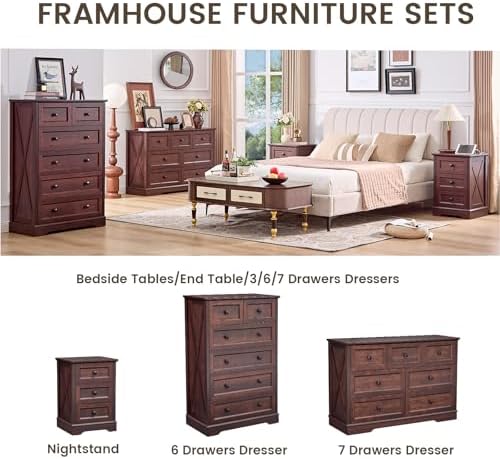 Farmhouse 7 Drawers Dresser for Bedroom with Charging Station,Wood Dressers