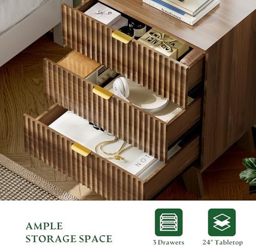 Xixini Fluted Nightstand with Charging Station, Tall Bedside Table, Walnut