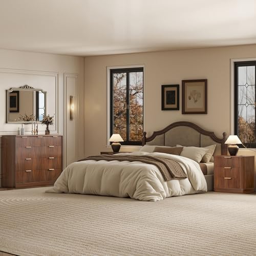 LYNCOHOME Fluted Tall Dresser for Bedroom, 9 Drawer Chest of Drawers,Walnut