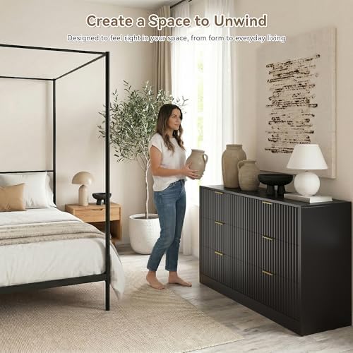 Black 6 Drawer Dresser for Bedroom, 55" Wide Fluted Chest of Drawers with Gold Metal Handles, Wood Dresser Storage Organizer Mid Century TV Stand for Living Room Closet Hallway