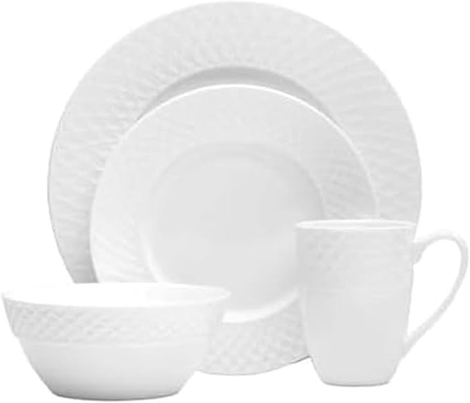Mikasa Trellis 16-Piece Bone China Dinnerware Set, White, Includes Dinner Plates, Salad Plates, Cereal Bowls and Mugs, Dishwasher Safe