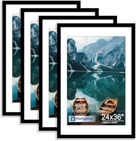 Hongkee 24x36 Poster Frame Set of 4, 24 x 36 Black Wood Style(Mat 20x30)