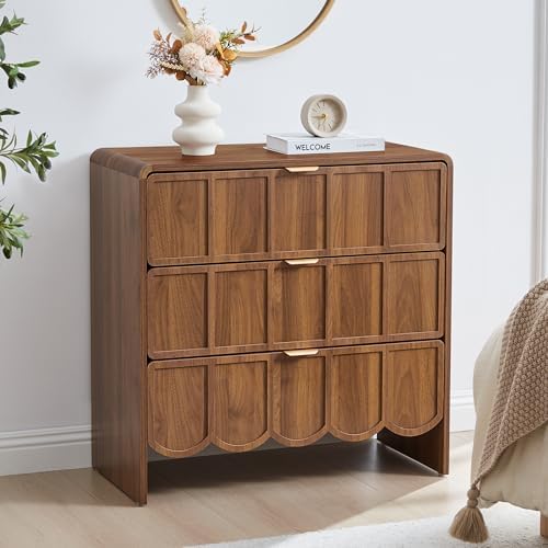 ORRD 3 Drawer Dresser for Bedroom Set of 2, Modern Closet Chest of Drawers with Wave Fluted Drawer, Wood Storage Small Dresser Organizer for Nursery Bedroom Living Room Hallway Closet (Walnut)
