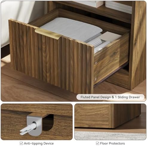 3-Piece 9 Drawer Dresser and 1-Drawer Nightstand Set, Walnut丨63 Wide Fluted Bedroom Dresser Set Night Stand Set of 2, Modern Wood Chest of Drawers Storage Dressers Set for Bedroom