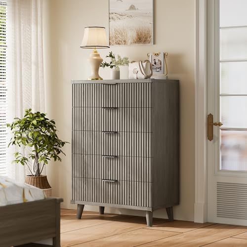 Wood Tall 5 Drawers Dresser, 27.6" W Fluted Modern Dressers for Bedroom