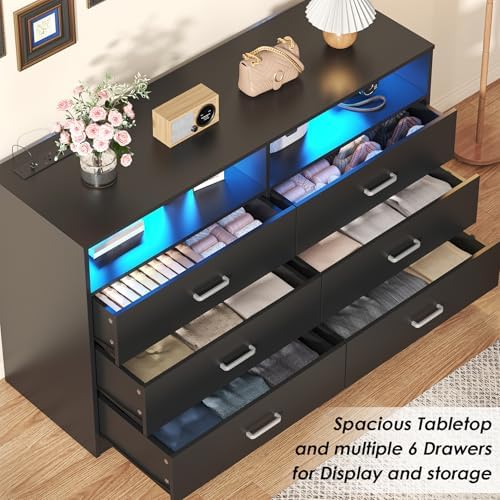 Bigbiglife Dresser for Bedroom, 6 Drawer Dresser with Charging Station and Led Light, Modern Chest of Drawers for Bedroom, Living Room,Black