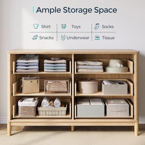 LINSY HOME Fluted Dresser for Bedroom with 6 Drawers, 54" Wide Mid Century Modern Dressers, Tall Boho Chest of Drawers, Large Wood Accent Storage Cabinet for Living Room, Curved Profile Design, Oak