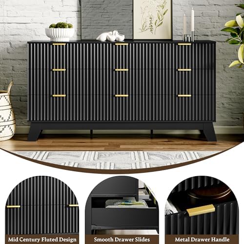 HUANLEGO Fluted Dresser for Bedroom with 9 Drawers, Black