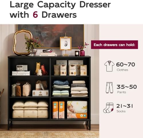 WLIVE Black Fabric Dresser for Bedroom, 6 Drawer Dressers Chest of Drawers