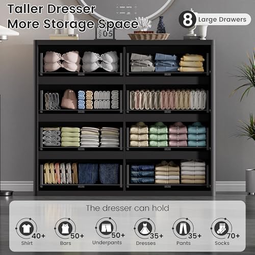 Standifurno Black 8 Drawers Dresser for Bedroom, 48" Wide Wooden Tall Chest of Drawers with Curved Modern Profile Design, Fluted Dresser TV Stand, Wood Closet Clothes Storage Drawer Organizer