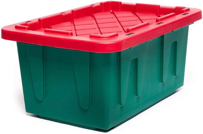 HOMZ 2-Pack Durabilt, Heavy Duty Plastic Storage Bins with Lids, 15 Gallon, Green/Red - Stackable Container Boxes for Holiday, Attic, and Garage Organization