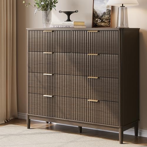 LINSY HOME Fluted Dresser for Bedroom with 8 Drawers, 47" Wide Mid Century Modern Dressers, Tall Boho Chest of Drawer, Large Wood Accent Storage Cabinet for Living Room, Curved Profile Design, Walnut