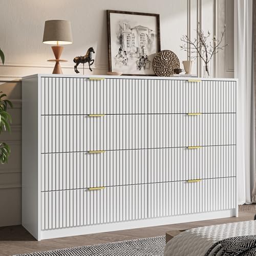 MAISONARIA White Dresser for Bedroom, 8 Drawer Double Dresser, Modern Chest of Drawers for Bedroom, Living Room, Entryway and Closet, 55" L x 15.7" D x 37.4" H