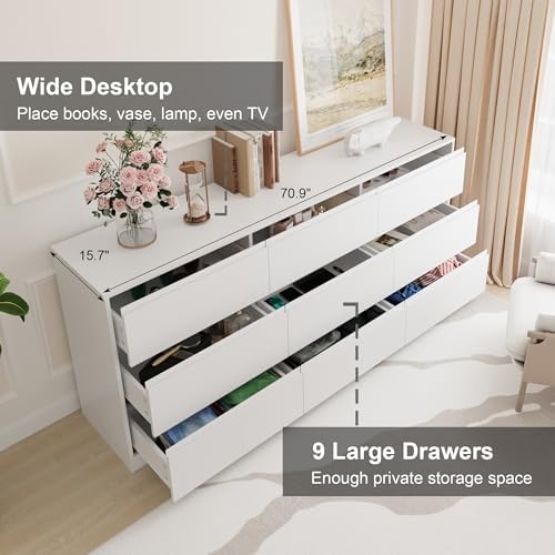 Bobve 70.9” Dresser for Bedroom with 9 Drawers, Large Modern Chest of Drawers with Deep Drawers, Wide Double Dresser Handle Free, Storage Organizer for Bedroom, Living Room, Hallway (White)