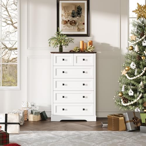 Farmhouse 6 Drawers Dresser Chests for Bedroom, White 6 Chest of Drawers