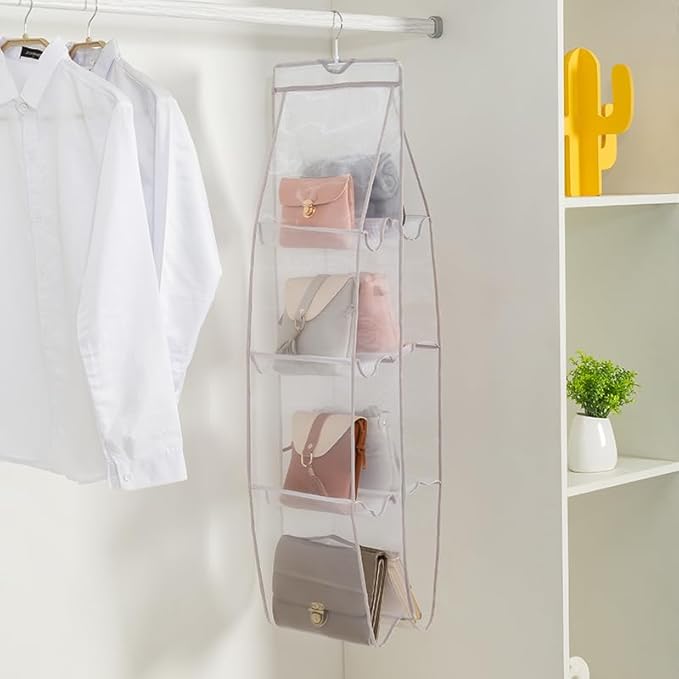 AARAINBOW 1 Pack Hanging Handbag Purse Organizer for Closet, Hand Bag Organizer Holder 8 Pockets, Space Saving Wardrobe Purse Storage Organizer for Women, 46 L x 13.8W (A-Gray)
