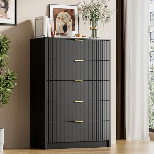Furniway Black Dresser for Bedroom, Modern Dresser with 5 Drawers and Smooth Slides, Wide Chest of Drawers with Golden Handles for Bedroom, Living Room, Closet, 15.7" D x 31.5" W x 47.2" H