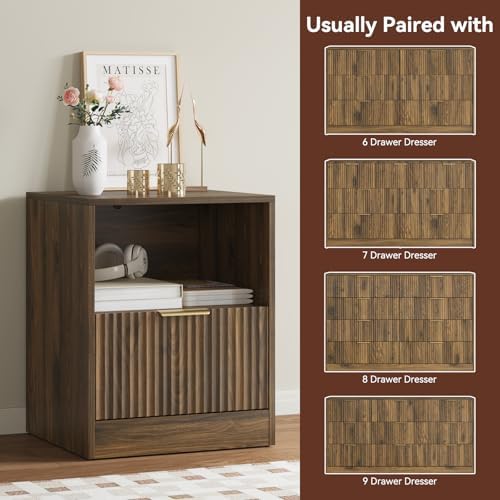 3-Piece 9 Drawer Dresser and 1-Drawer Nightstand Set, Walnut丨63 Wide Fluted Bedroom Dresser Set Night Stand Set of 2, Modern Wood Chest of Drawers Storage Dressers Set for Bedroom