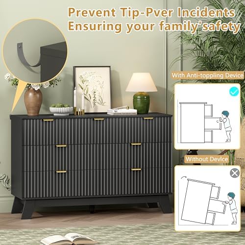 Wodeer 7 Drawer Fluted Dresser for Bedroom, Mid Century Modern Dresser with 7 Drawers, Dressers & Chests of Drawers with Metal Handle, TV Stand & Storage Organizer for Entryway, Hallway, Black
