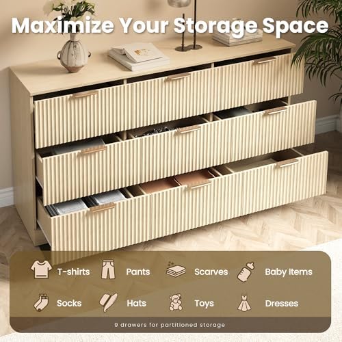 MALOL Fluted 9 Drawer Dresser for Bedroom, 59" Wide Wood Chest of Drawers with Metal Handle, Long Dresser Storage Organizer TV Stand for Closet, Living Room, Hallway, Natural Wood