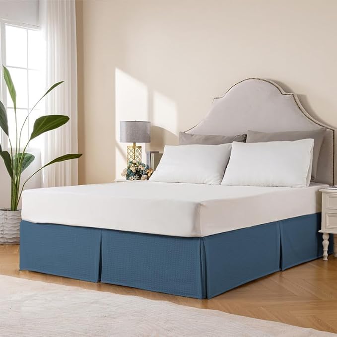 MIYE Pleated Waffle Weave Bed Skirt, Tailored Dust Ruffle 12 Inch Drop Easy Fit, Machine Washable (Blue, Queen - 12" Drop)