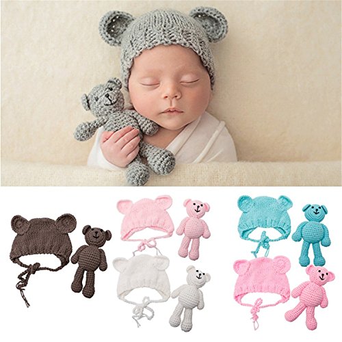 ECYC Newborn Baby Bear Hat Beanie with Bear Dolls Photography Accessories,Pink - color: Pink