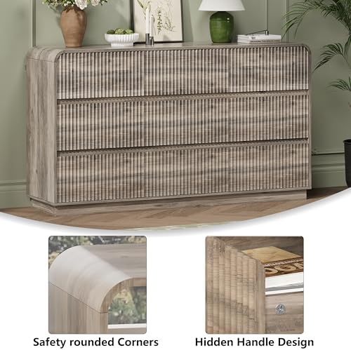 Wodeer Grey Dresser Fluted 9 Drawers Dresser for Bedroom, 59" Wide Wood Chest of Drawers with Hidden Handles & Rounded Corners, Modern TV Stand Storage Cabinet for Living Room, Hallway, Entryway, Gray