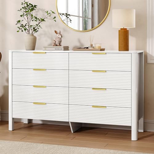 Fluted 8 Drawer Dresser, 47" High Gloss Dresser for Bedroom, White