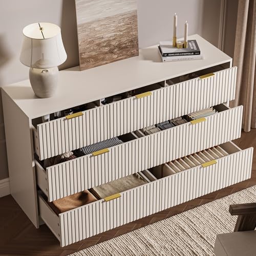 MAISONARIA Beige 7 Drawer Dresser for Bedroom, 55.9" Wide Modern Fluted Dresser with Gold Metal Handles, Wide Chest of Drawers for Bedroom, Living Room, Entryway, Hallway