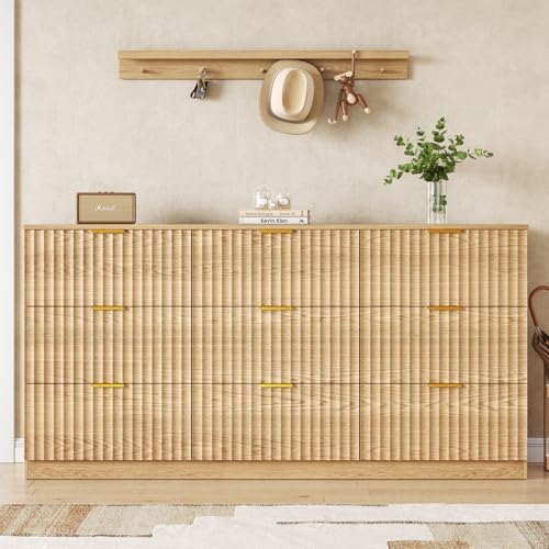 60.3" Wide Fluted 9 Drawer Dresser for Bedroom, Natural