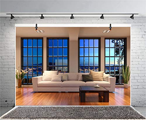 AOFOTO 5x3ft Business Office French Sash Window Backdrop Living Room Sofa Photography Background Interior Casement Work at Home Nightscape Modern Flat Furniture Apartment Decor Residence Villa Props - size: 5x3ft