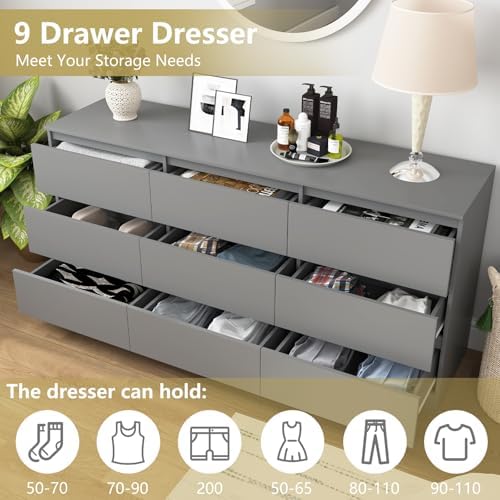 VERYKE Grey 9 Drawer Dresser for Bedroom,Chest of Drawers with No-Handle Design for Closet,Modern Wood Dresser Bedroom Storage Furniture