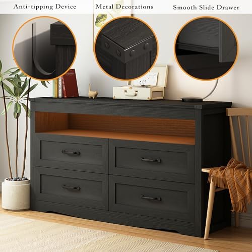 Wodeer Black Dresser for Bedroom, Wood 4 Drawer Dresser with LED Light, Dressers & Chests of Drawers with Metal Handles, Storage and Organization for Bedroom, Hallway, Entryway
