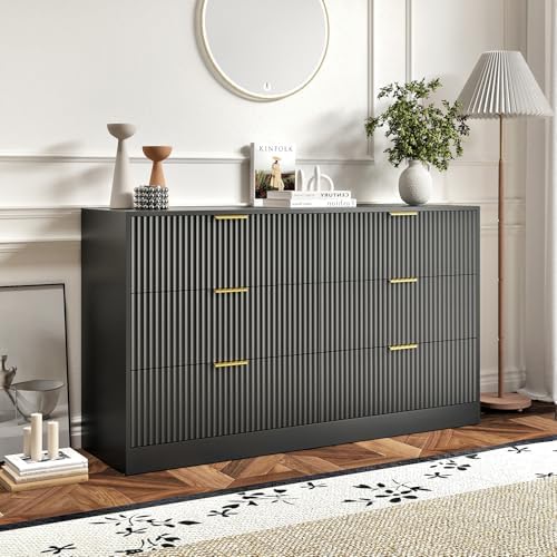 6 Drawers Fluted Dresser for Bedroom, 55" Wide Wooden Dresser with Deep Drawers, Large Floor Chest of Drawers, Modern Long TV Stand, Storage Cabinet Side Table, Black