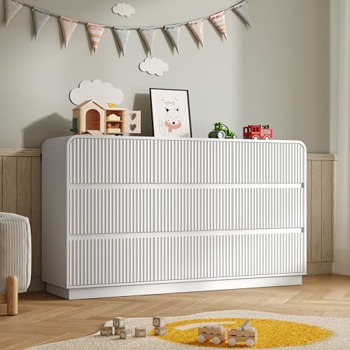 BORNOON Dresser for Bedroom with 9 Drawers, Fluted Chest of Drawers with Round Curved Corner, Hidden Handles, Modern Wood Storage Organizer for Bedroom, Nursery, Living Room