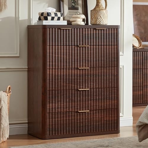 LEYAOYAO Fluted 6 Drawers Dresser for Bedroom Set of 2, 42" Tall Modern Chest of Drawers with Metal Handle, Curved Profile Design,Walnut Wood Drawer Organizer for Bedroom, Living Room, Hallway