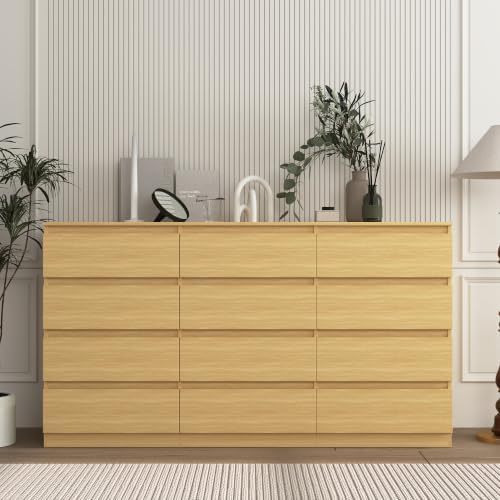 Vibe & Dine 12 Drawer Dresser, 59.1" Large Dresser for Bedroom Free Handle, Modern Wooden Chest of Drawers with Wide Storage for Living Room, Natural Wood