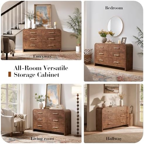Curved Drawer Dresser for Bedroom with 6 Drawers, 54'' Wide Chest of Drawer