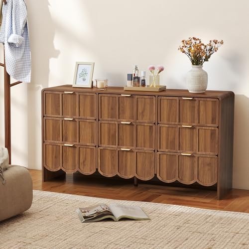 ORRD 9 Drawer Dresser for Bedroom, Modern Closet Chest of Drawers with Wave Fluted Drawer, Wood Storage Small Dresser Organizer for Nursery Bedroom Living Room Hallway Closet (Walnut)